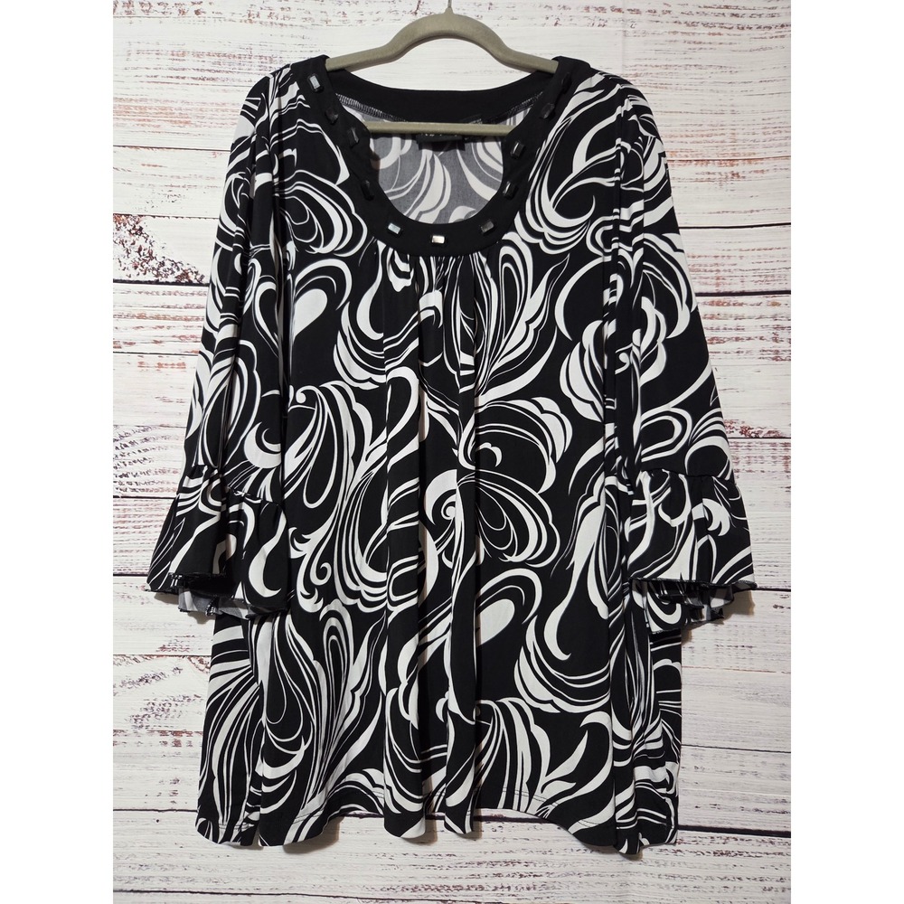 Maggie Barnes Womens Plus 4X Black White Swirl Beaded Ruffle Sleeve Blouse Top